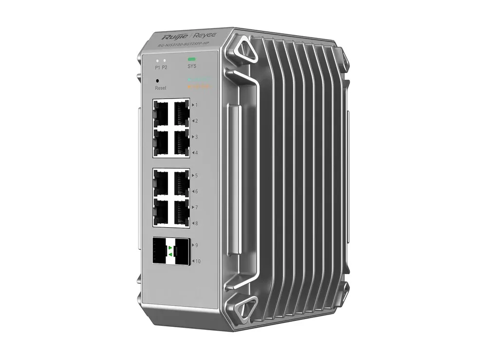 Switch công nghiệp RG-NIS3100-8GT2SFP-HP chụp chéo phía trước, ảnh hãng