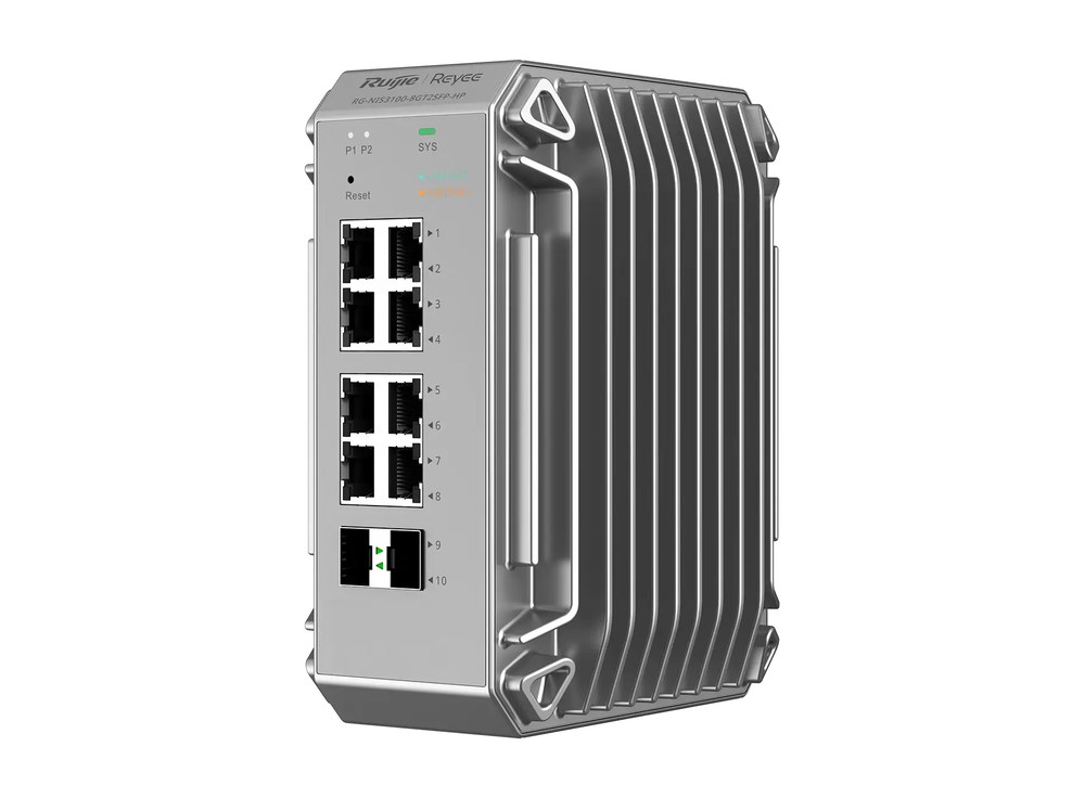 Switch công nghiệp RG-NIS3100-8GT2SFP-HP chụp chéo phía trước, ảnh hãng