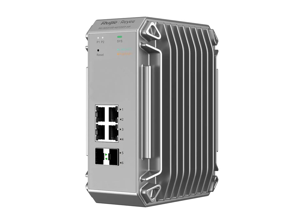 Switch công nghiệp 6 cổng Ruijie RG-NIS3100-4GT2SFP-HP nhìn chéo phía trước, ảnh hãng