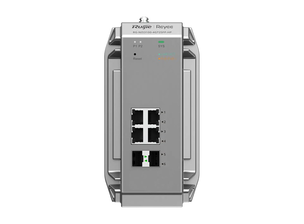Mặt trước RG-NIS3100-4GT2SFP-HP với 4 cổng RJ45 và 2 cổng SFP, ảnh hãng Ruijie
