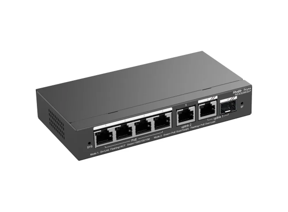 RG-ES206GS-P chụp nghiêng: 4 cổng PoE+, 2 cổng Gigabit và khe SFP combo