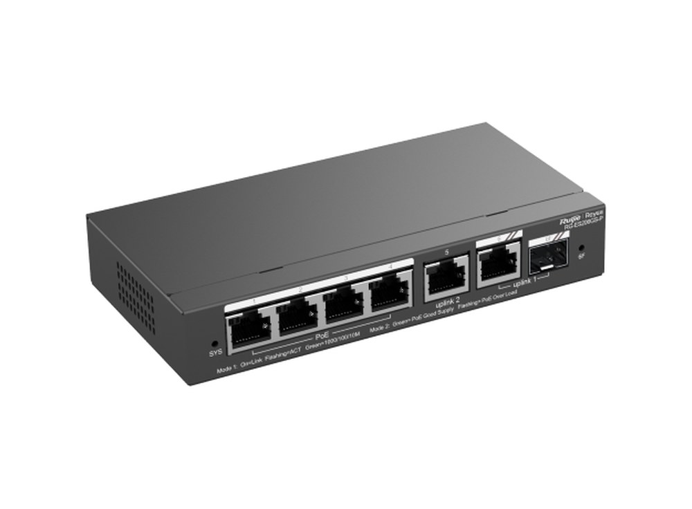 RG-ES206GS-P chụp nghiêng: 4 cổng PoE+, 2 cổng Gigabit và khe SFP combo