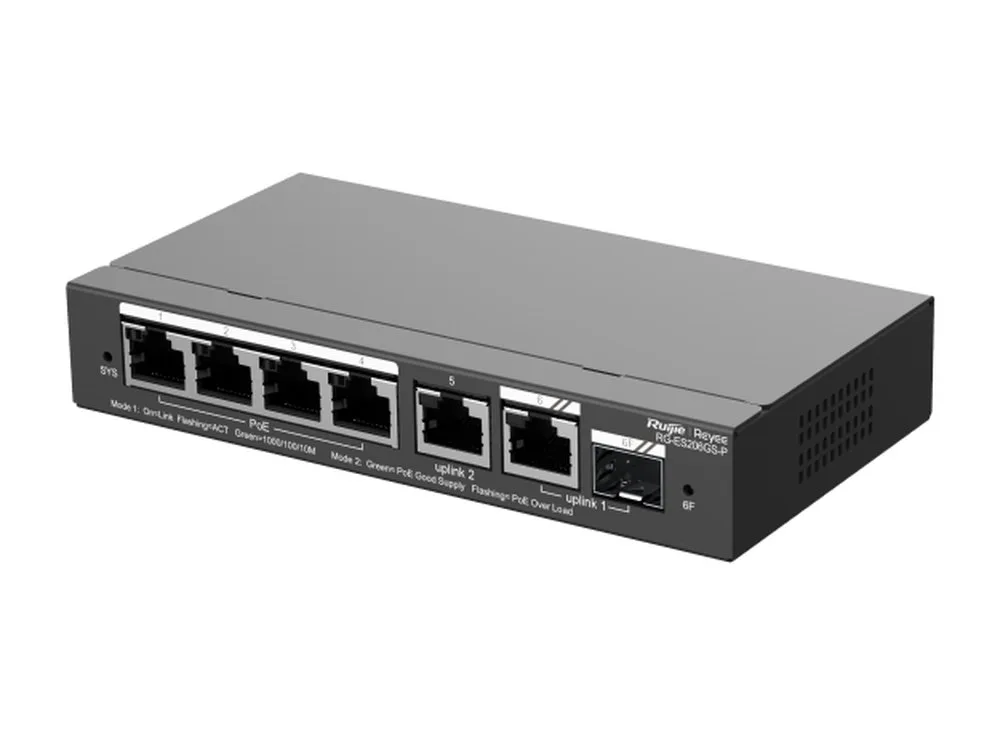 Switch PoE 54 W RG-ES206GS-P vỏ kim loại, góc chụp bên trái