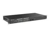 Ảnh thu nhỏ RG-ES118GS-P-L gắn tai rack, chụp nghiêng mặt trước với 16 cổng RJ45 và 2 khe SFP