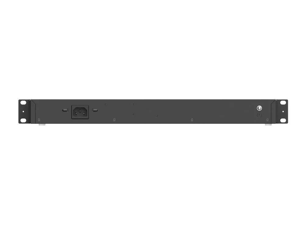 Mặt sau RG-ES118GS-P-L với đầu cắm nguồn AC, chỗ kẹp dây nguồn và cọc tiếp đất