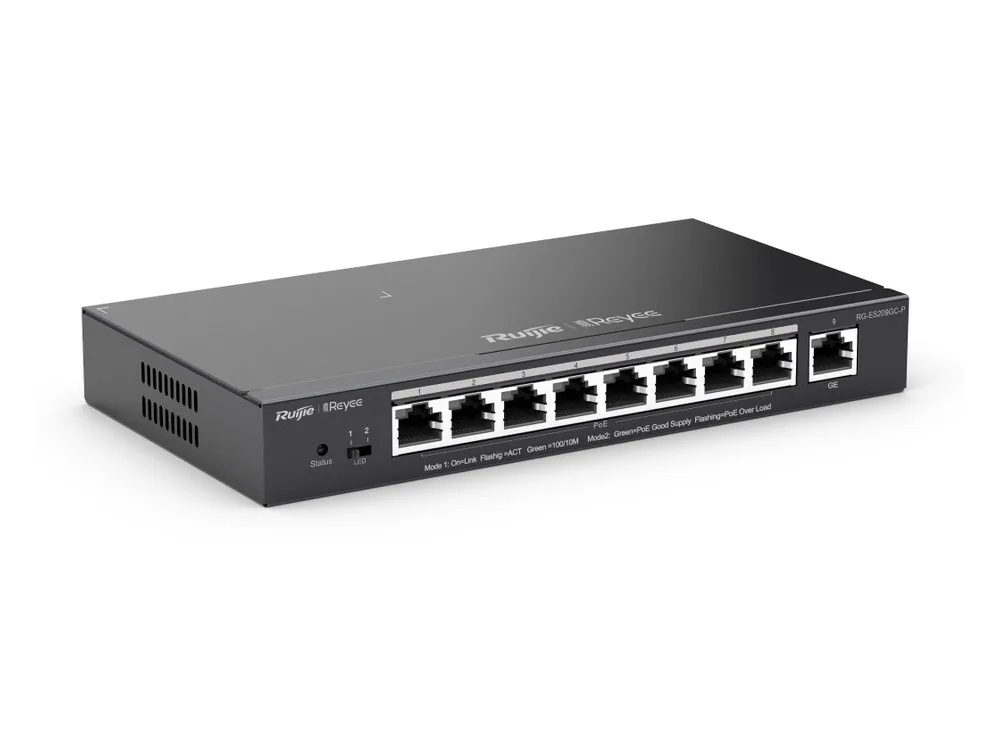 Switch PoE Ruijie RG-ES209GC-P chụp nghiêng, 8 cổng PoE+ và 1 cổng Gigabit