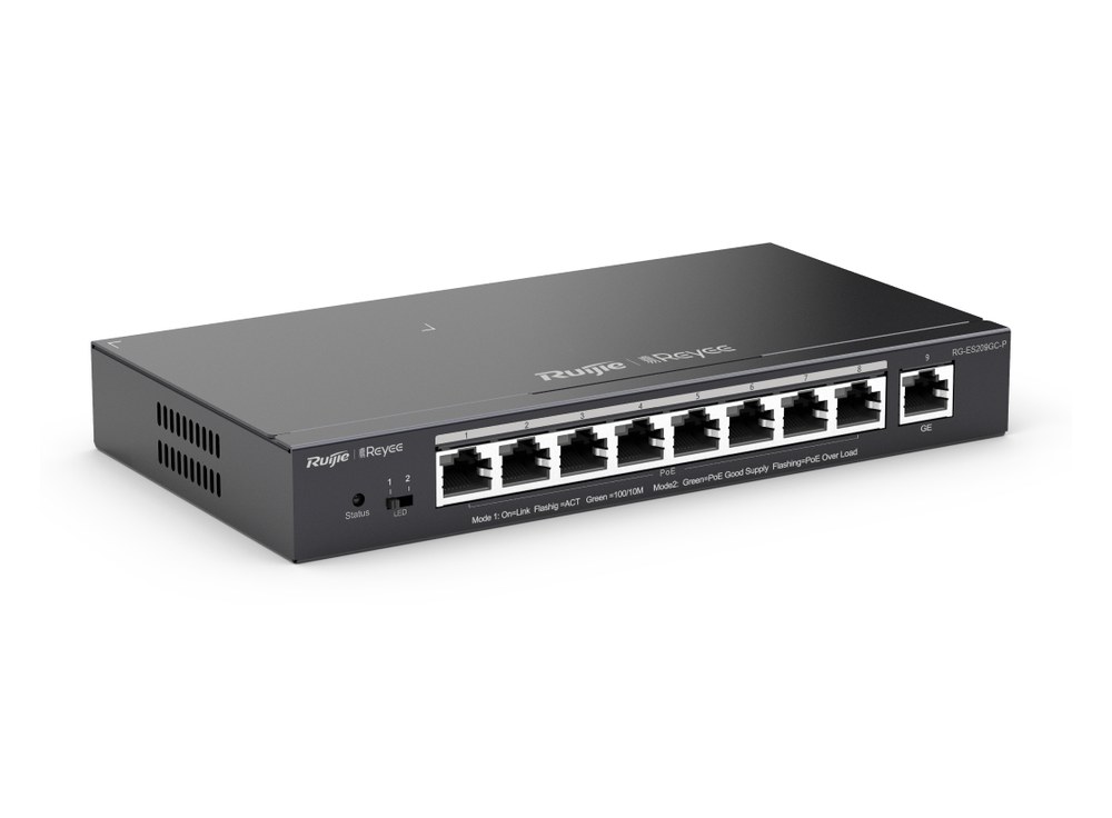 Switch PoE Ruijie RG-ES209GC-P chụp nghiêng, 8 cổng PoE+ và 1 cổng Gigabit