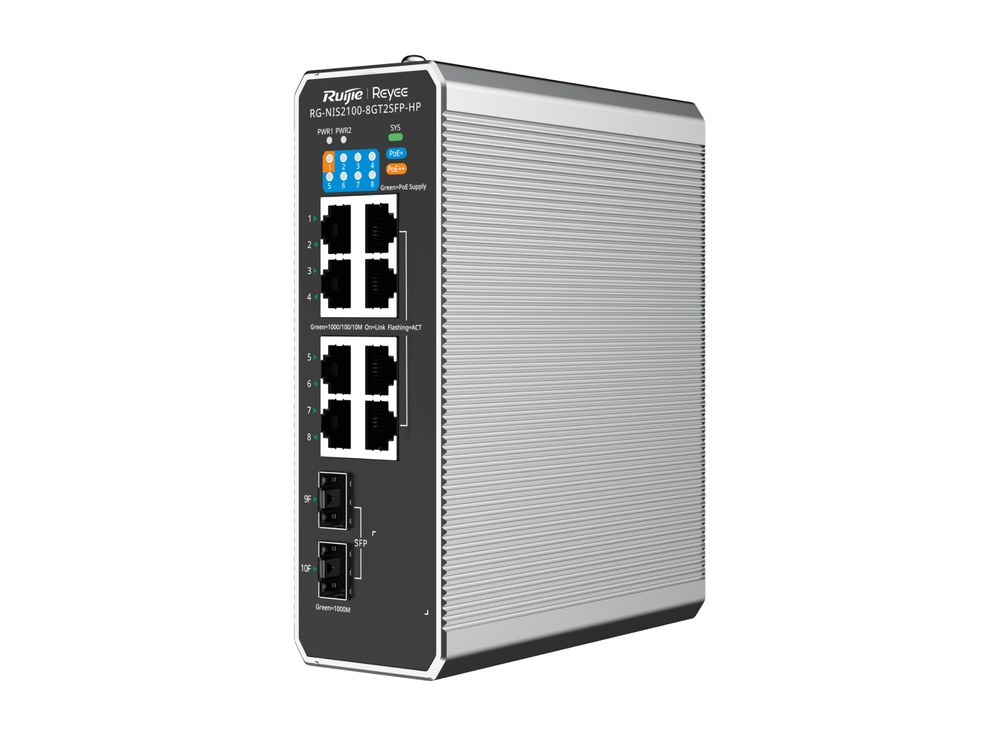 Switch công nghiệp Ruijie RG-NIS2100-8GT2SFP-HP nhìn chéo phía trước, ảnh hãng
