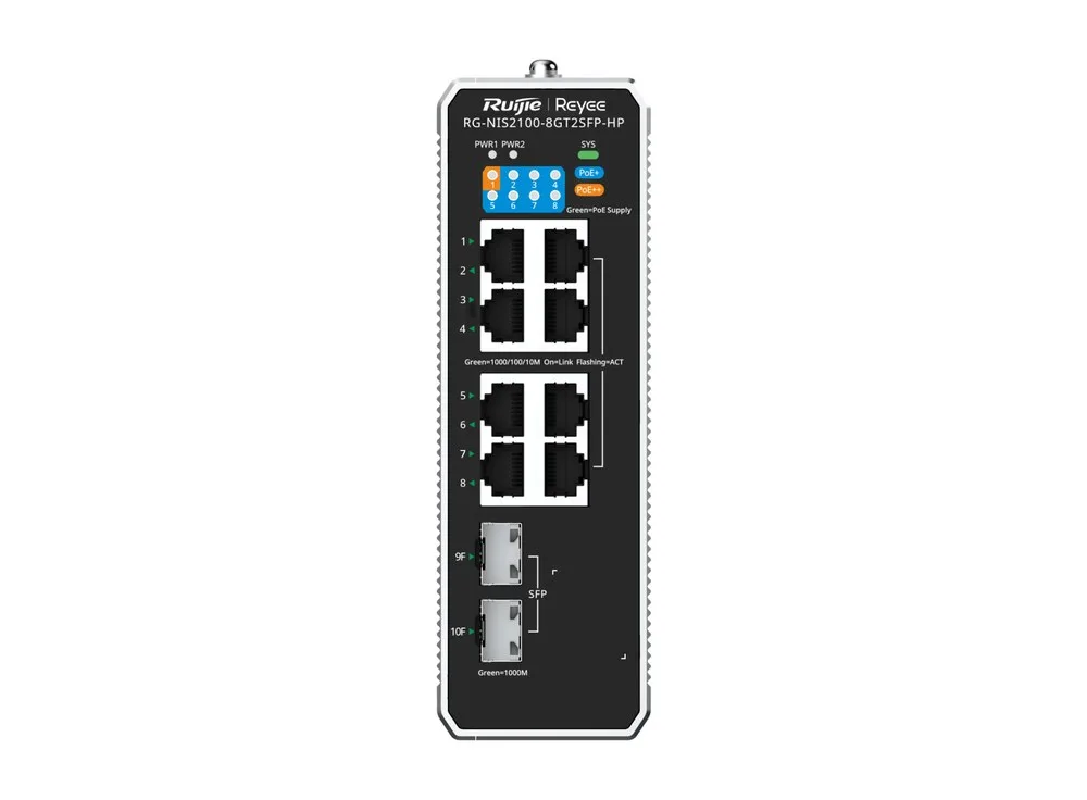Mặt trước RG-NIS2100-8GT2SFP-HP với 8 cổng RJ45 và 2 cổng SFP, ảnh hãng
