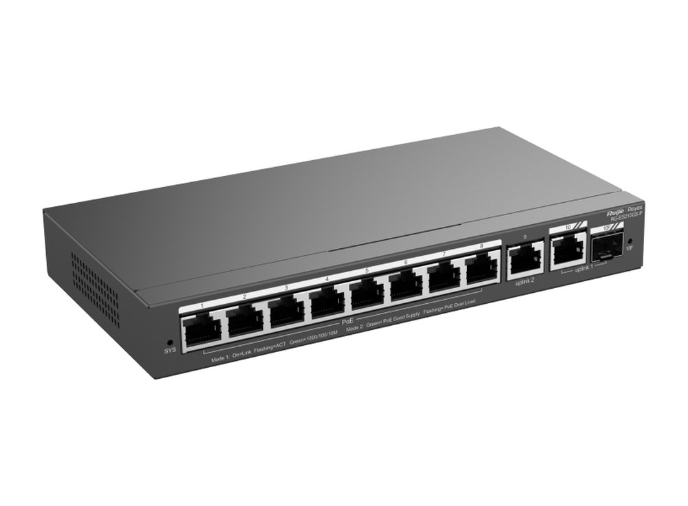 RG-ES210GS-P chụp chéo, 8 cổng PoE+, 2 cổng Gigabit và khe SFP combo