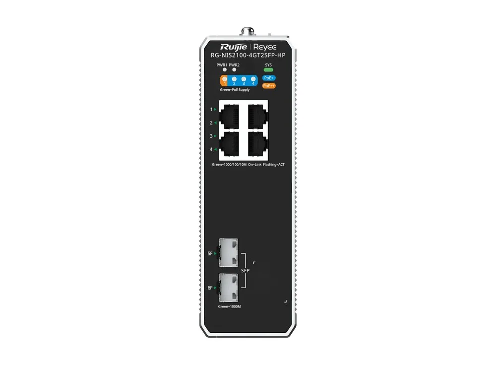 Mặt trước RG-NIS2100-4GT2SFP-HP với 4 cổng RJ45 và 2 cổng SFP, ảnh hãng Ruijie