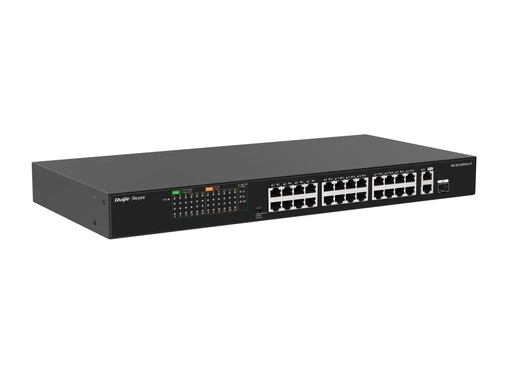 RG-ES126FGS-LP chụp nghiêng mặt trước: 24 cổng PoE 10/100 Mbps, cổng Gigabit và cổng combo