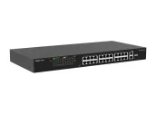 Ảnh thu nhỏ RG-ES126FGS-LP chụp nghiêng mặt trước: 24 cổng PoE 10/100 Mbps, cổng Gigabit và cổng combo