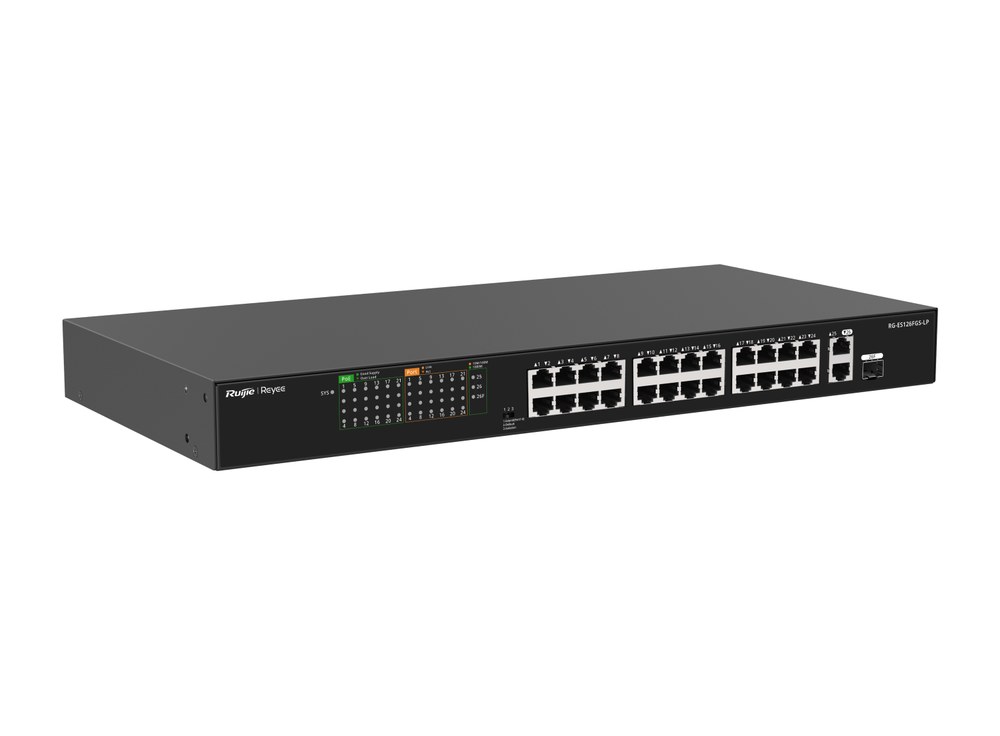 RG-ES126FGS-LP chụp nghiêng mặt trước: 24 cổng PoE 10/100 Mbps, cổng Gigabit và cổng combo