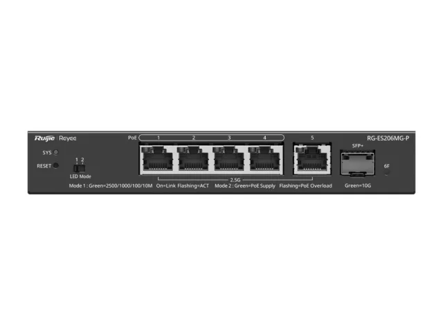 Switch Ruijie RG-ES206MG-P 4 cổng PoE+ 2,5G, 1 cổng 2,5G, 1 cổng SFP+ 10G