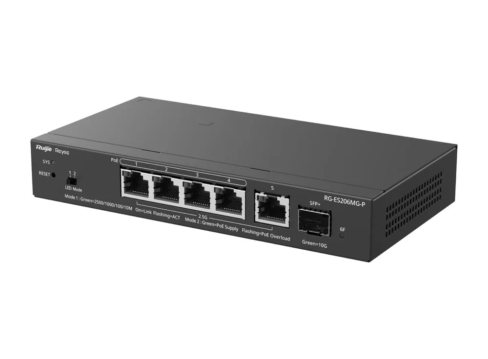 RG-ES206MG-P chụp nghiêng: 5 cổng 2,5G và 1 cổng SFP+ 10G