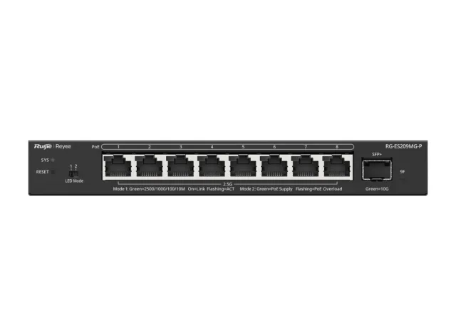 Switch Ruijie RG-ES209MG-P 8 cổng PoE+ 2,5G, 1 cổng SFP+ 10G
