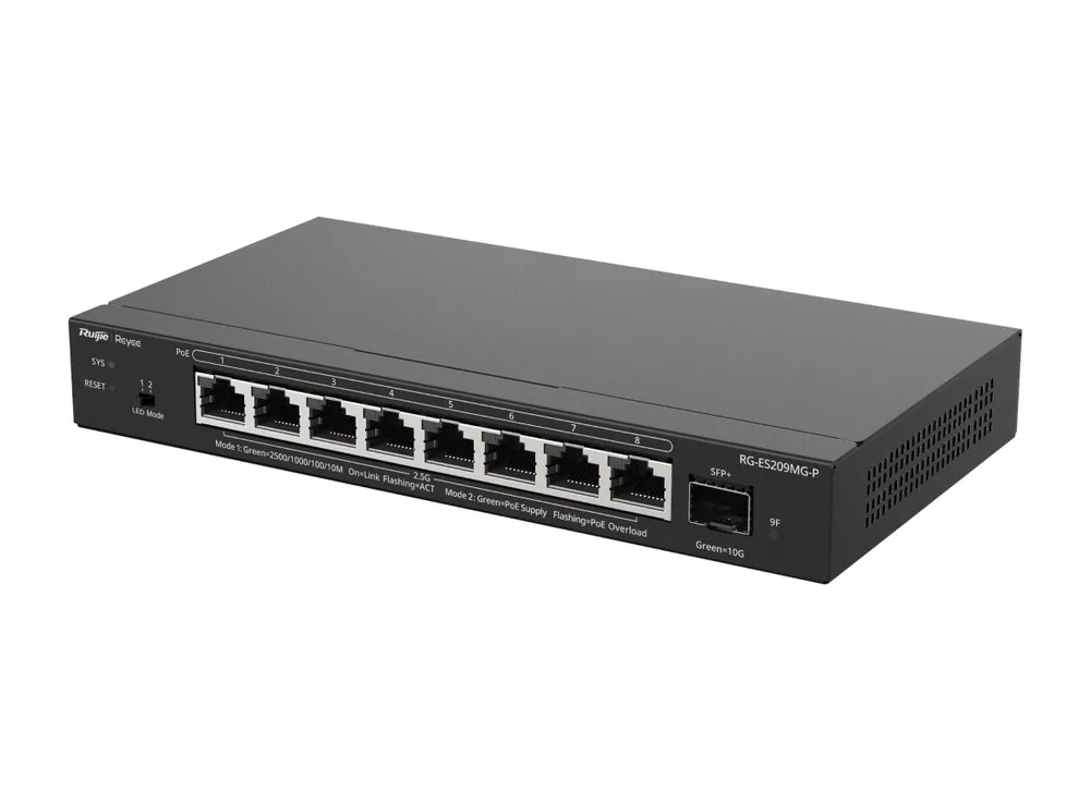 RG-ES209MG-P chụp nghiêng, 8 cổng PoE 2,5G và cổng SFP+ 10G